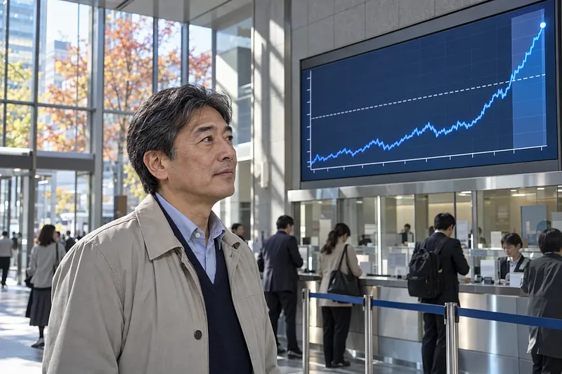 A man stands in a currency-exchange hall beneath a display with a sharply rising line.