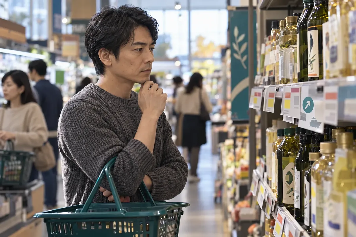 Un hombre con una cesta examina las etiquetas de precios junto a los aceites de cocina en un supermercado japonés.