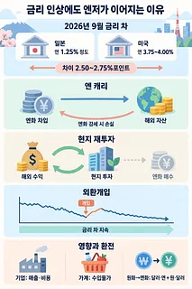 미·일 금리 차, 엔 캐리, 해외 수익의 현지 재투자, 외환개입과 엔저 영향을 설명하는 인포그래픽