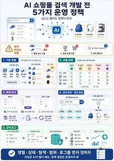 AI 쇼핑몰 검색의 기본 정렬, 상품 상태, 목록 방식, 검색 범위, 로그 정책을 정리한 인포그래픽