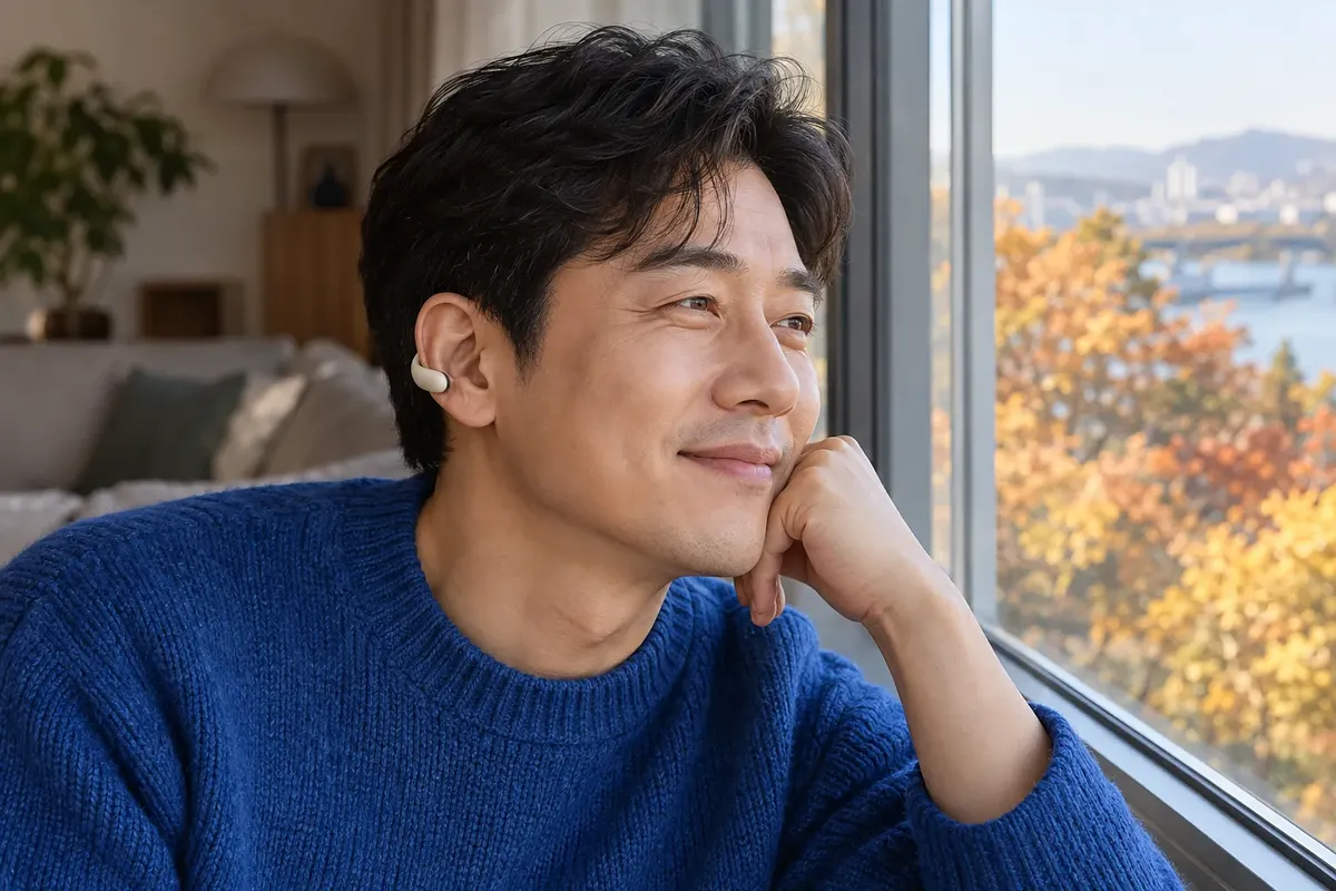 파란 스웨터를 입은 남성이 창가에서 미소 짓고 있으며, 귀를 막지 않는 베이지색 이어폰을 착용하고 있다.
