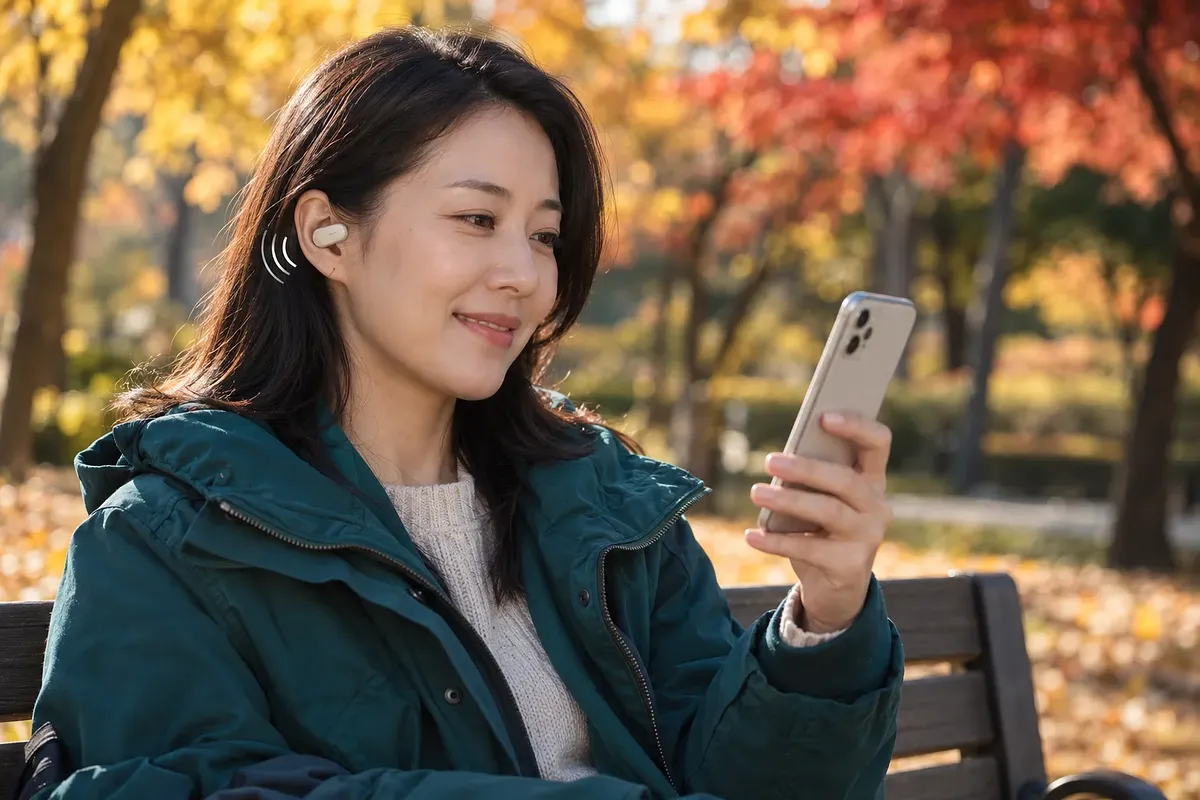Mujer sonriente mirando su teléfono en un banco del parque, con un auricular inalámbrico beige visible