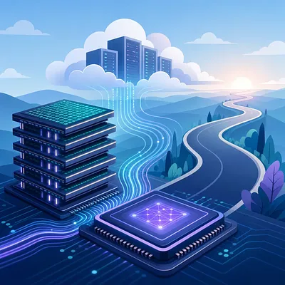 AIチップ、積層メモリ、クラウドサーバーがつながる未来的な半導体イラスト
