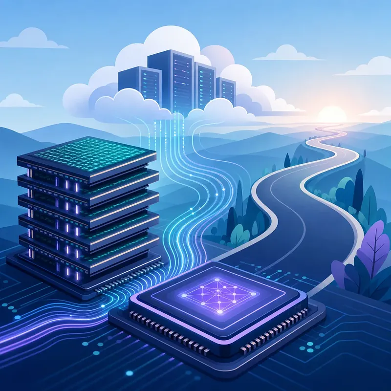 Escena futurista de semiconductores con chip de IA, memoria apilada, servidores y rutas de datos