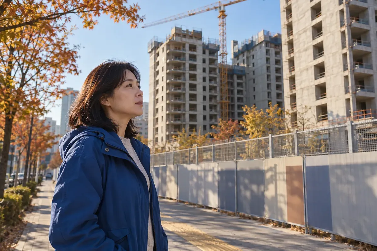 青い上着の女性が、工事用フェンスの向こうにある建設途中の集合住宅とクレーンを見つめる。