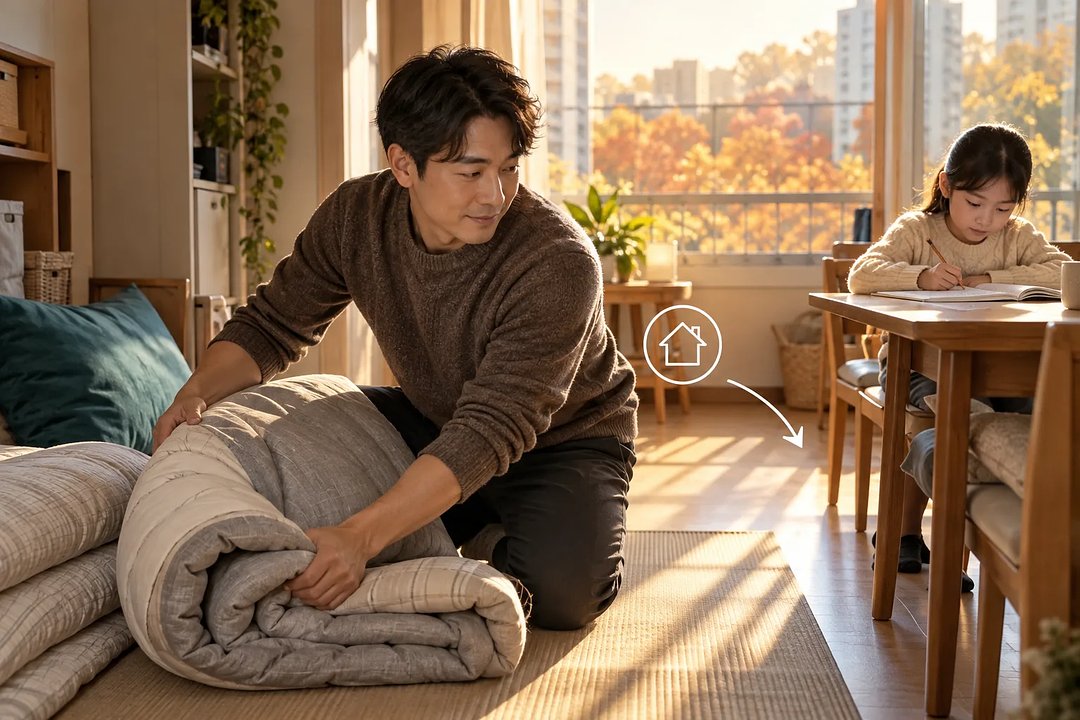 아이가 식탁에서 공부하는 동안 아버지가 이불을 개고, 창밖으로 가을빛 아파트가 보인다.