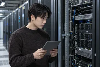 サーバールームでタブレットを持ち、開いたサーバーラックを確認するエンジニア