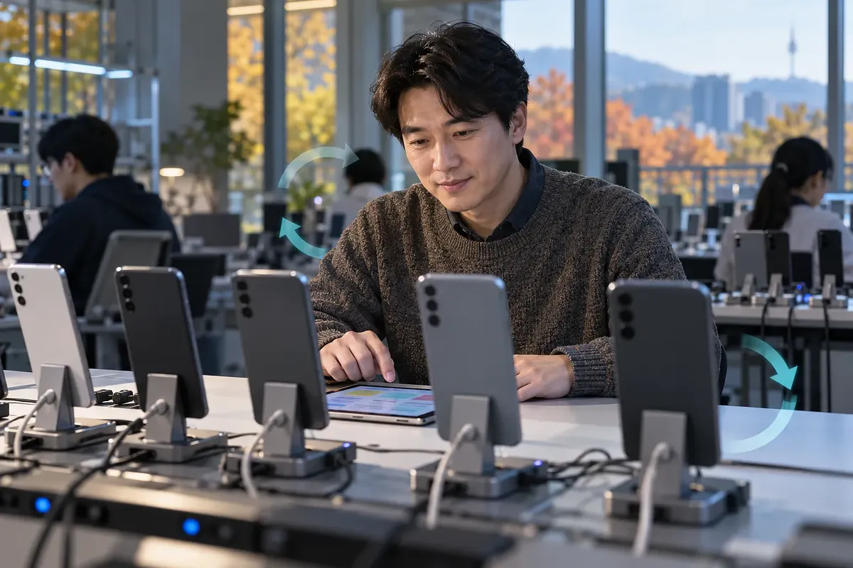 開発者がテスト室で、接続された複数のスマートフォンを前にタブレットを確認している。