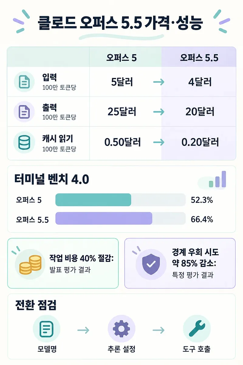 Infografía que compara precios de Opus 5 y 5.5, resultados de Terminal-Bench y puntos de revisión al migrar