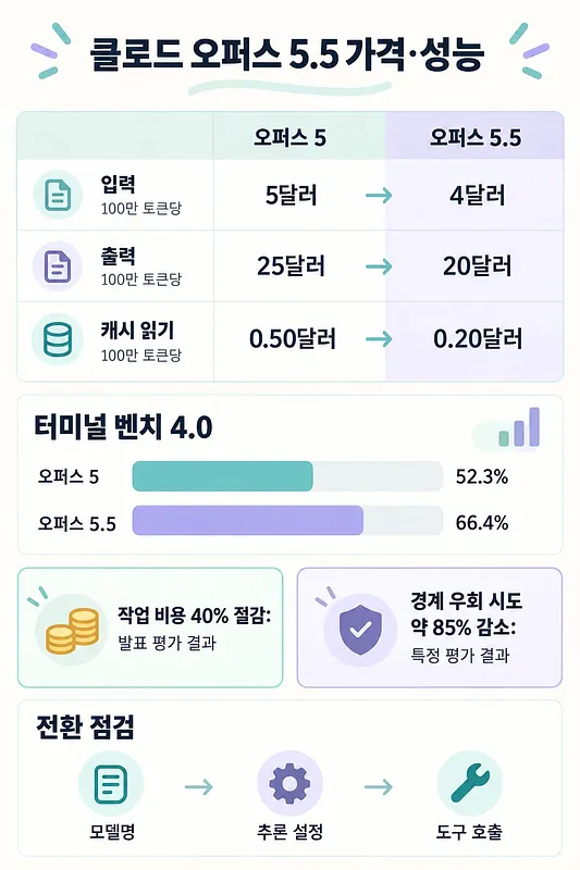 Opus 5と5.5の入出力・キャッシュ読み取り料金、ベンチマーク結果、移行時の確認項目を並べた図解