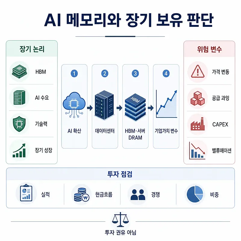 AI 메모리 장기 보유 판단을 설명하는 한국어 투자 인포그래픽