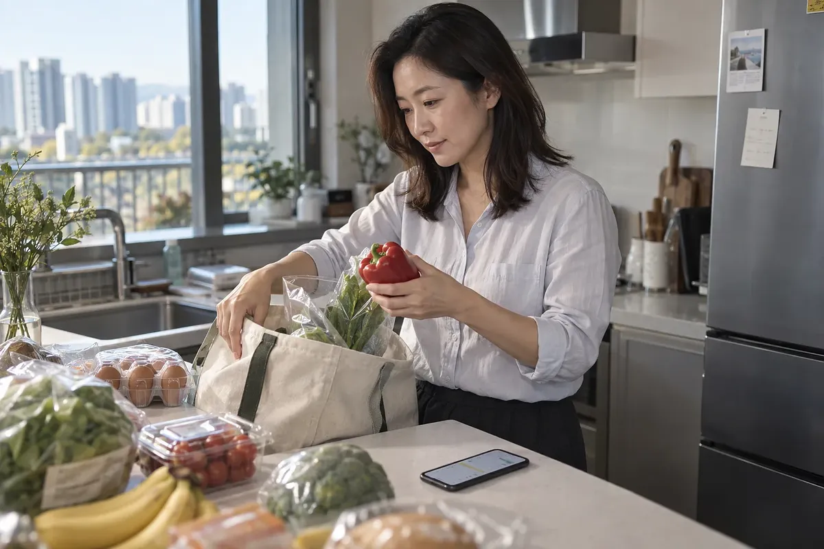 マンションのキッチンで女性が買い物袋から赤いパプリカを取り出し、食料品とスマートフォンが台に置かれている。