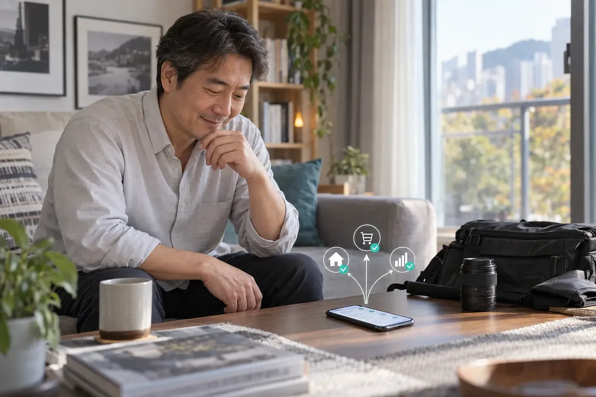 A man looks at a phone in his living room, with a camera bag, lens and floating check marks nearby.