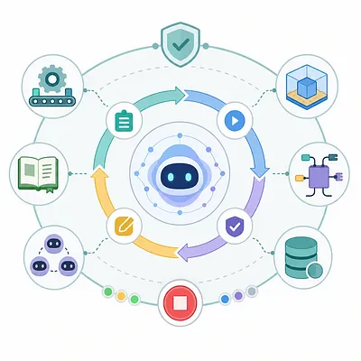 Central AI bot surrounded by circular workflow arrows and icons for automation, documents, validation, and data