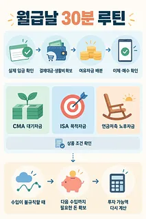 월급날 30분 루틴의 단계와 CMA·ISA·연금저축의 용도, 수입이 불규칙할 때의 재계산 방법을 정리한 인포그래픽
