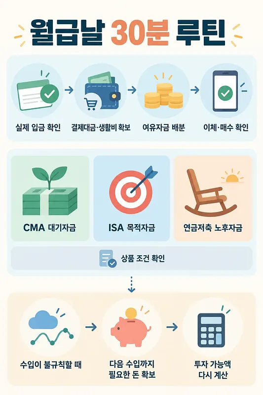 월급날 30분 루틴의 단계와 CMA·ISA·연금저축의 용도, 수입이 불규칙할 때의 재계산 방법을 정리한 인포그래픽