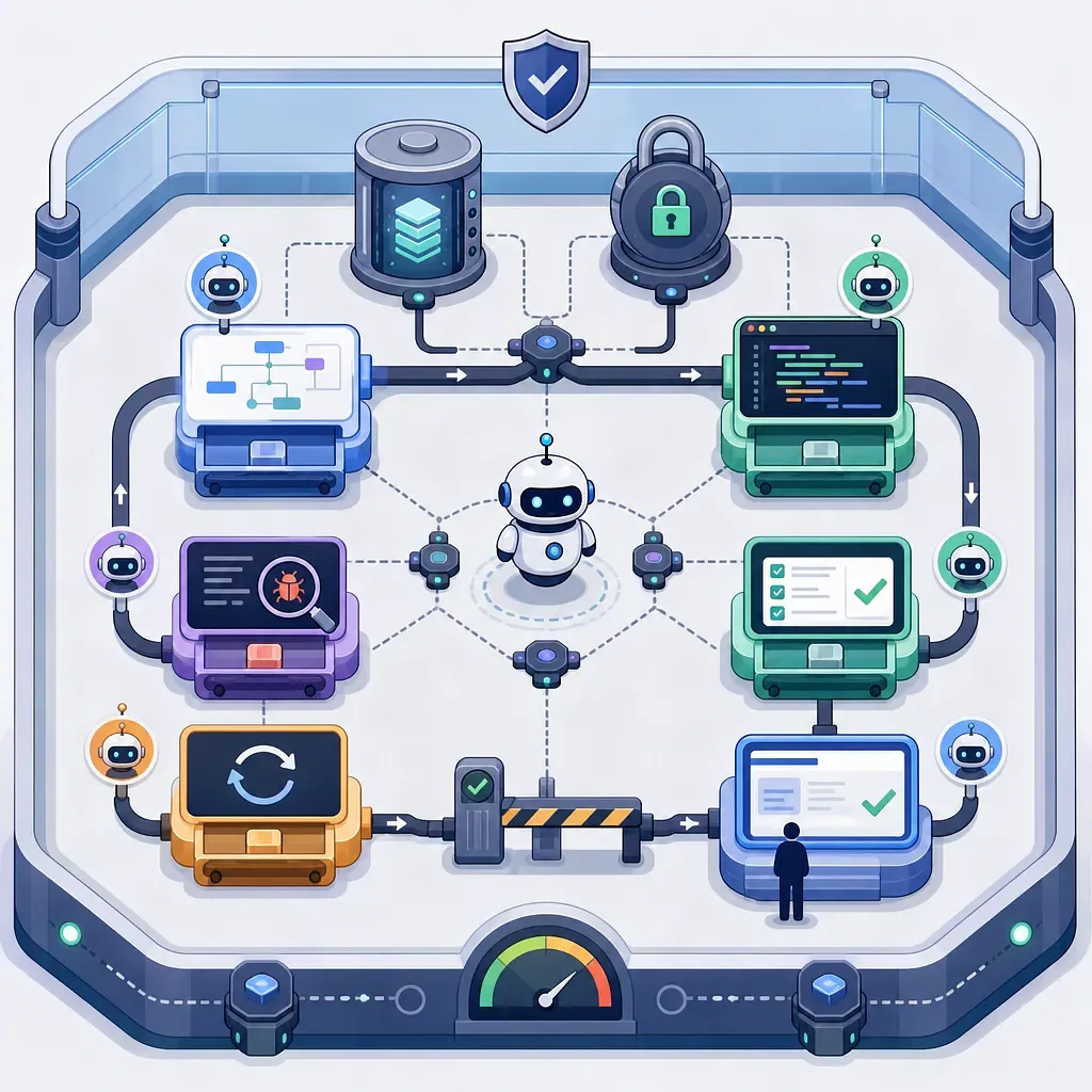 Sistema de validación automatizada con robots, estaciones conectadas y canalización en bucle