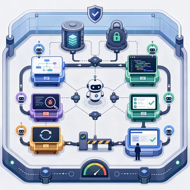로봇과 연결된 작업대가 순환 파이프라인으로 이어진 자동화 검증 시스템