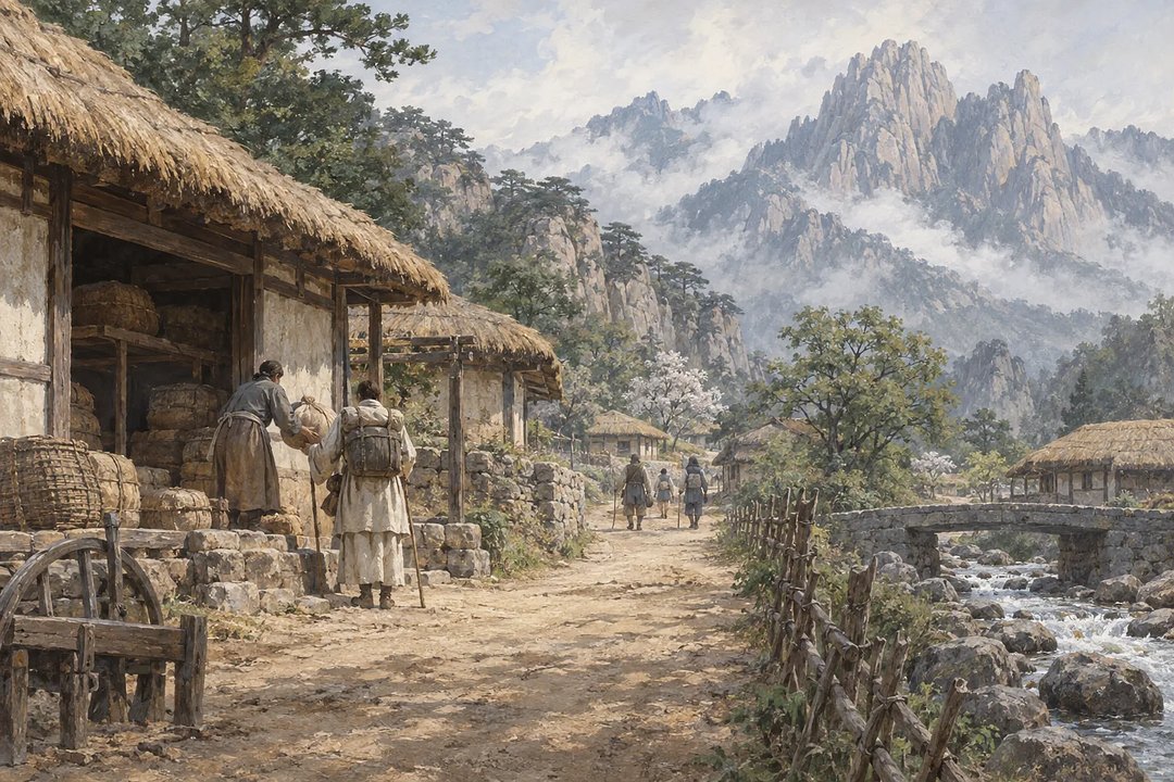 안개 낀 산으로 이어지는 마을길에서 여행자가 창고 옆에서 식량을 건네받는다.