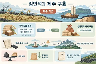 제주 기근, 국가 진휼과 김만덕의 구휼 비교, 상경 경로와 상환·탕감을 정리한 인포그래픽