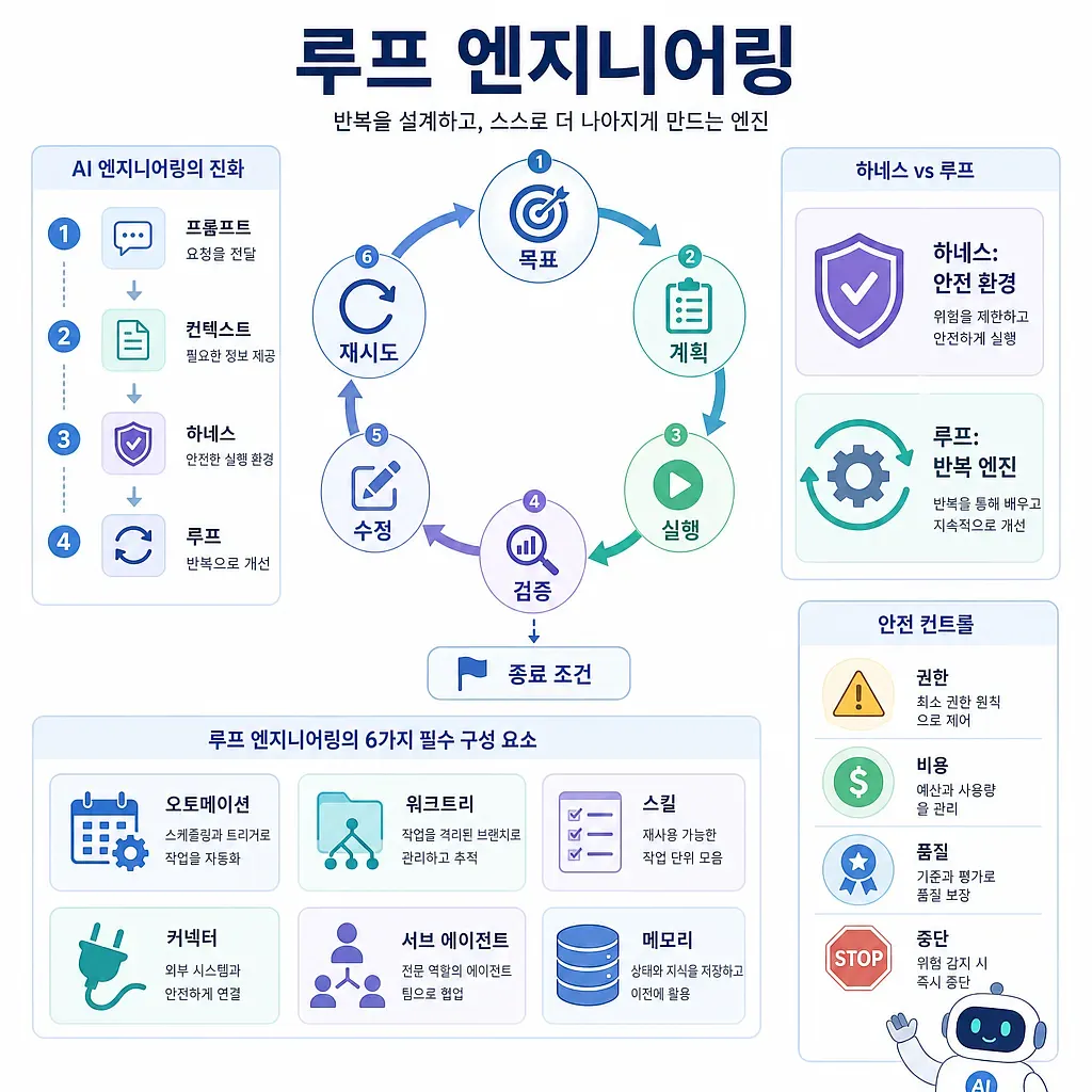 ループエンジニアリングの段階、安全制御、主要構成要素を示す韓国語インフォグラフィック