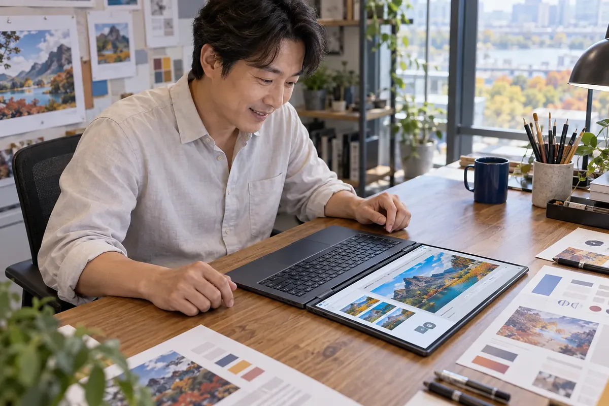 An illustrator smiles at a colourful landscape and its variations on a laptop opened flat across his desk.