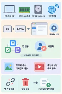 윈도우 요구 사항, 알트 + 스페이스 단축키, 기능별 이용 조건과 앱 연결 해제 후 활동 관리를 정리한 인포그래픽