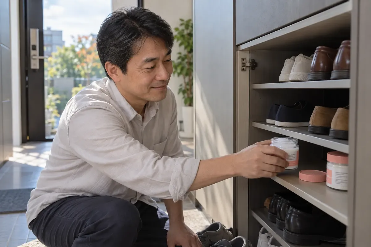 男性が靴箱の前にしゃがみ、開けた消臭剤の容器を置いている。隣にはふた付きの容器がある。