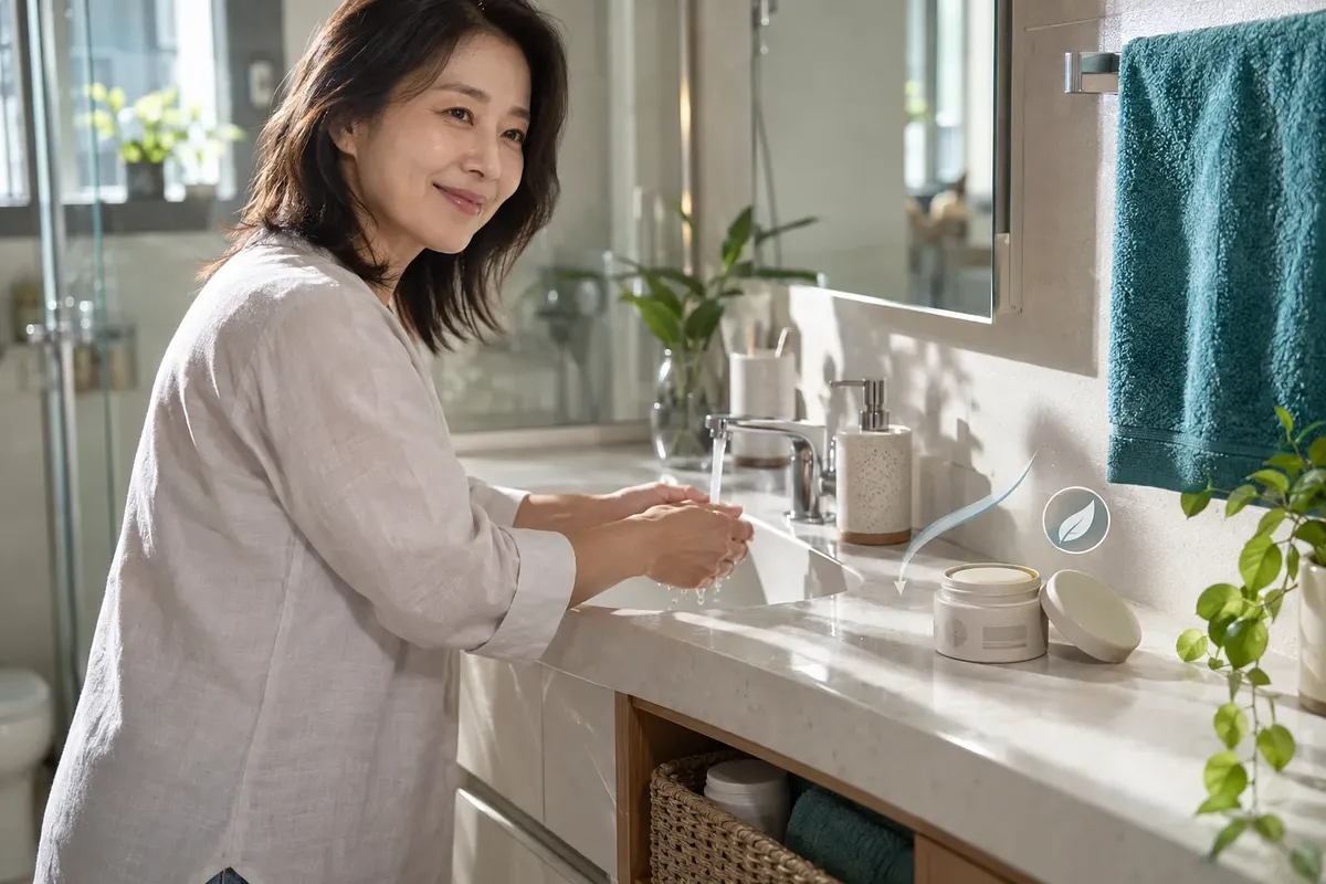 A woman washes her hands beside an open deodorizer jar, with a second matching jar in a basket below.