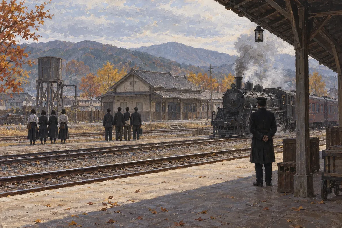 Two groups of students stand apart at an autumn railway station as an official watches near a steam train.