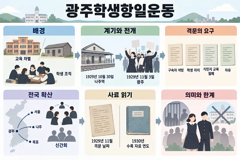 Infografía sobre la discriminación escolar, las protestas de Gwangju, las demandas estudiantiles y su expansión nacional