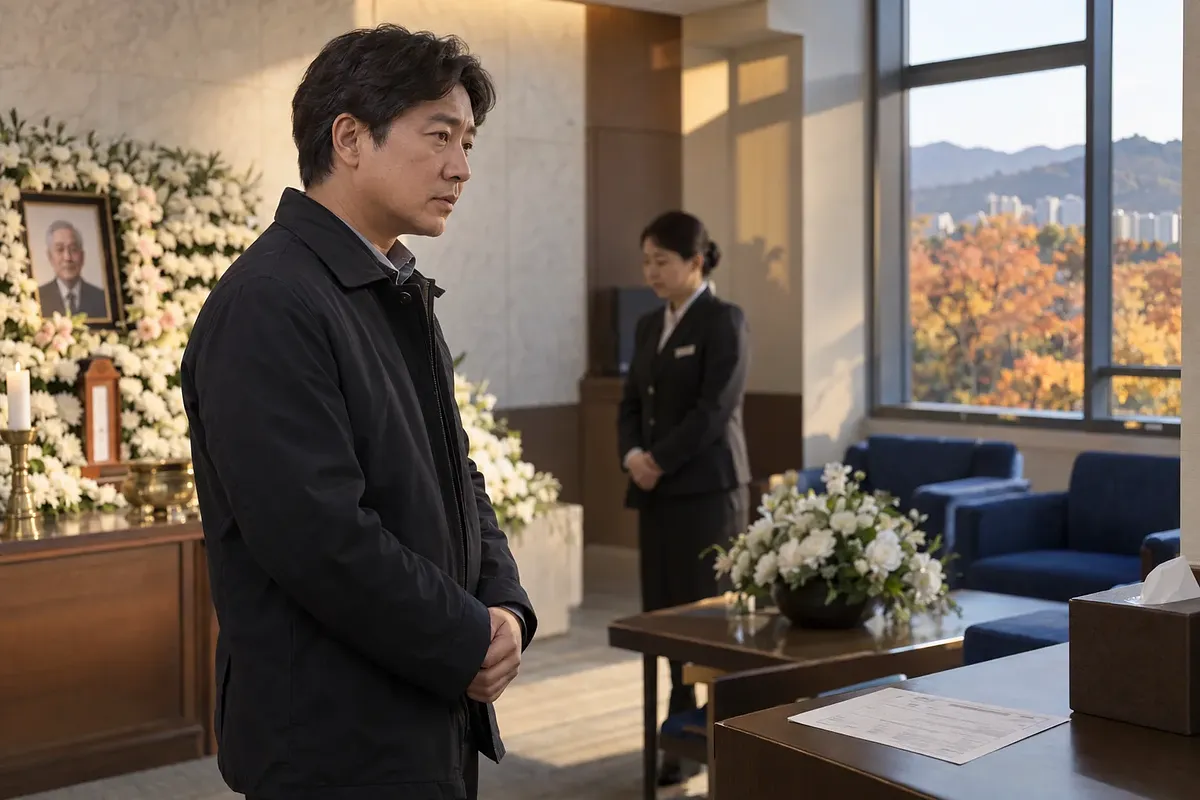 A man in a dark jacket stands in a funeral home, with white flowers and an attendant behind him.