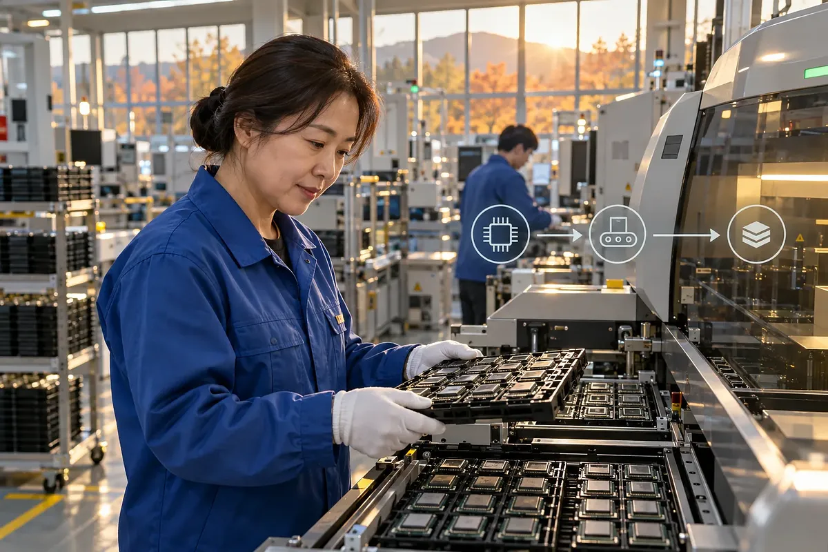 A technician in a blue work jacket checks trays of microchips beside a machine in an electronics plant.