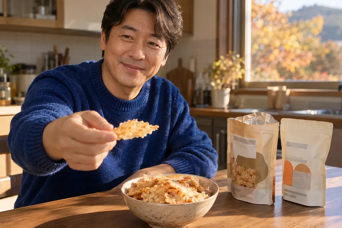 파란 스웨터를 입은 남성이 찹쌀누룽지 조각을 내밀고, 앞에 누룽지 한 그릇과 파우치 두 개가 놓여 있다.