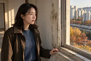古いマンションで、女性が染みのある壁と傷んだ窓枠のそばから外を眺めている。