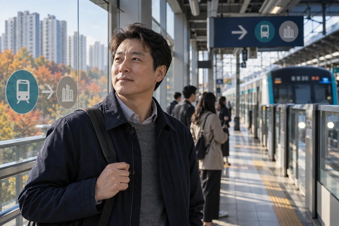 가을 단풍과 아파트가 보이는 철도역 승강장에서 열차를 기다리는 남성