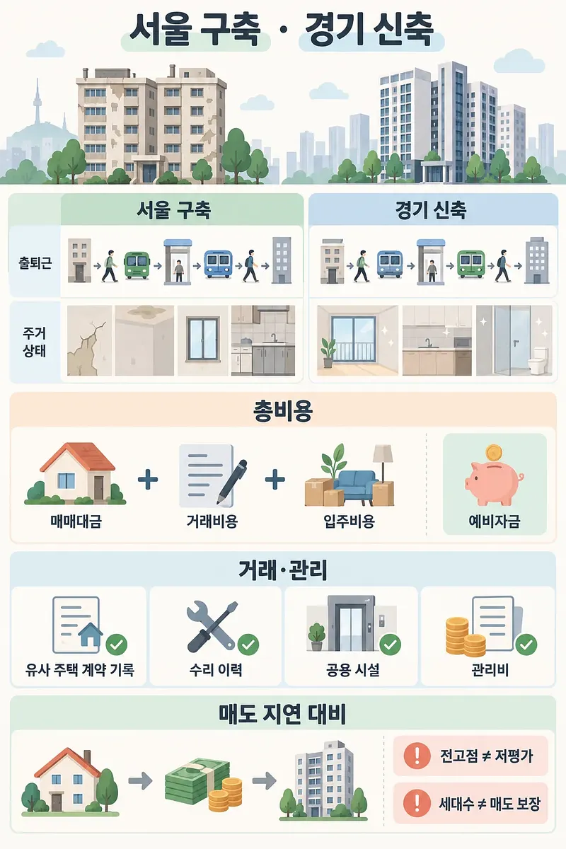 서울 구축과 경기 신축의 출퇴근·주거 상태 비교, 총비용과 거래 확인 사항, 매도 지연 대비를 담은 인포그래픽