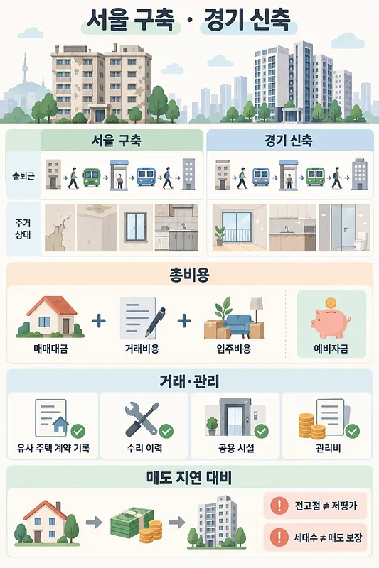 서울 구축과 경기 신축의 출퇴근·주거 상태 비교, 총비용과 거래 확인 사항, 매도 지연 대비를 담은 인포그래픽