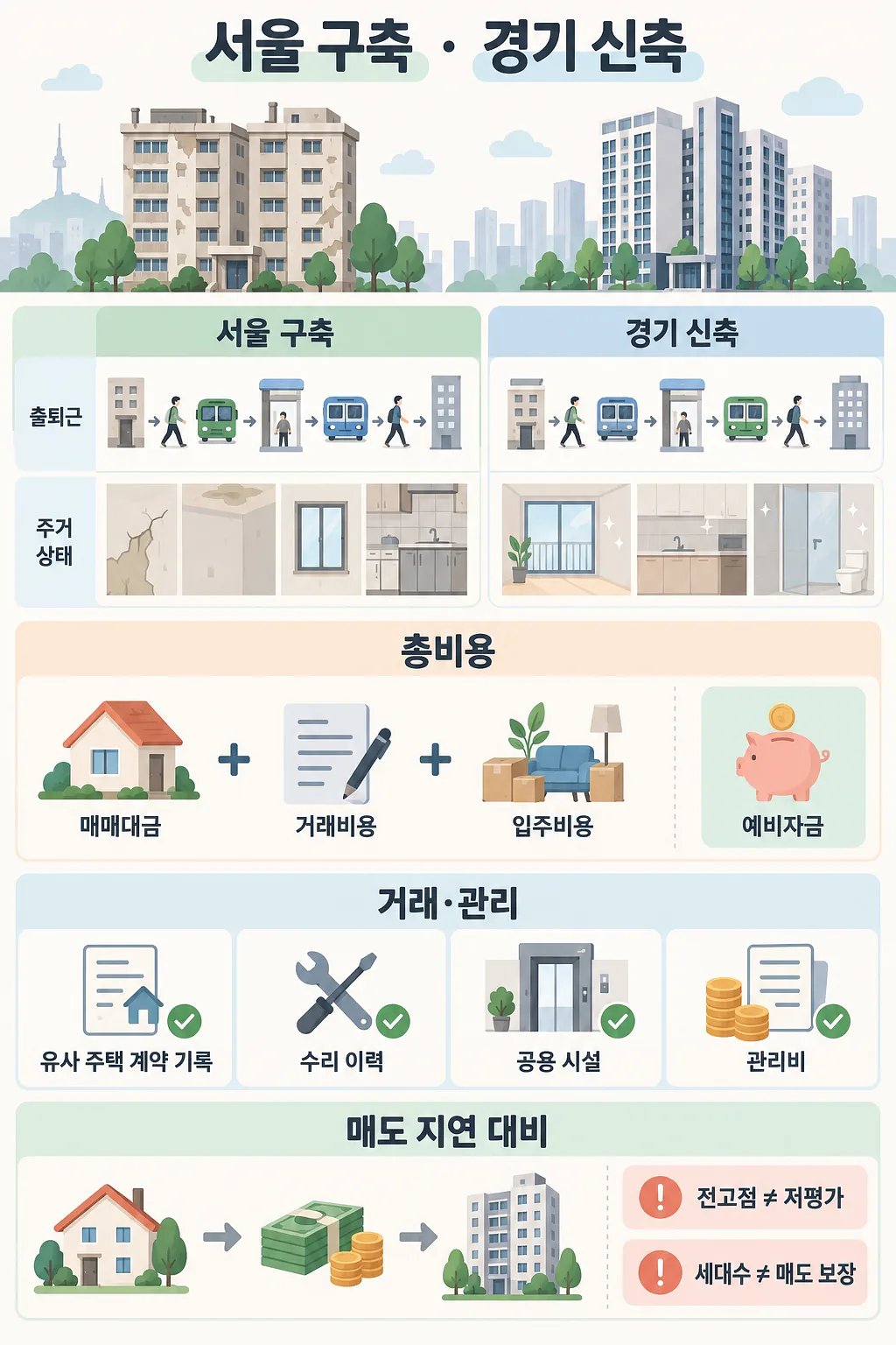 서울 구축과 경기 신축의 출퇴근·주거 상태 비교, 총비용과 거래 확인 사항, 매도 지연 대비를 담은 인포그래픽