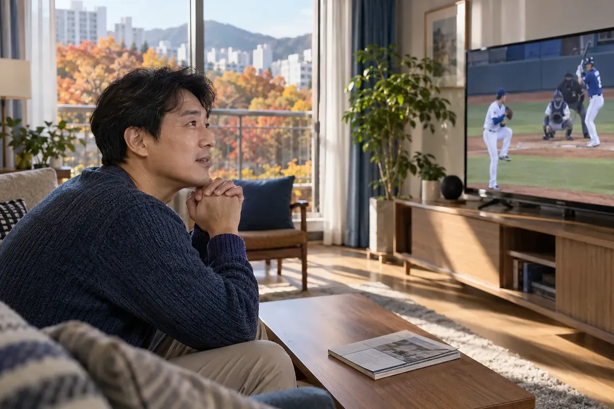 가을 단풍이 보이는 거실에서 남성이 TV 야구 경기를 지켜본다.