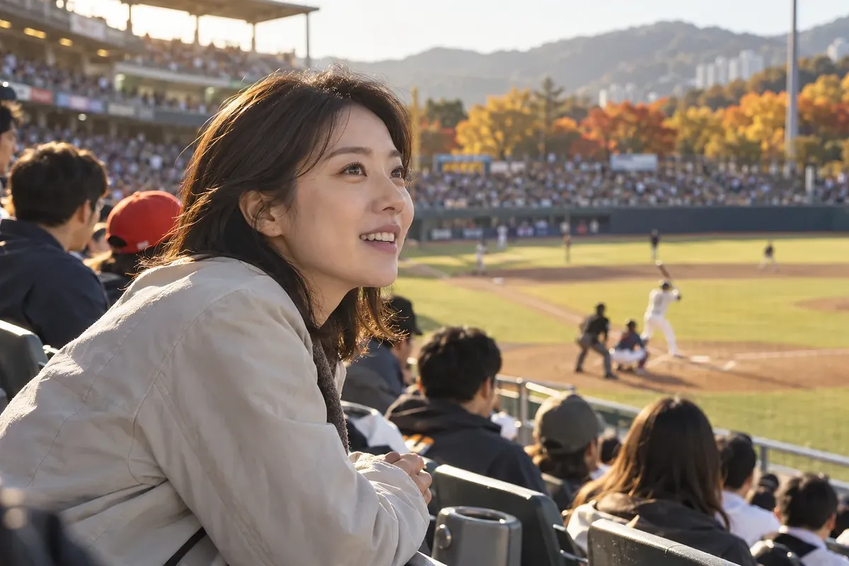 Una mujer observa al bateador desde las gradas de un estadio de béisbol en una tarde otoñal.