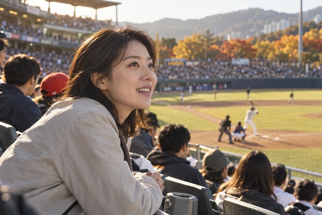 Una mujer observa al bateador desde las gradas de un estadio de béisbol en una tarde otoñal.