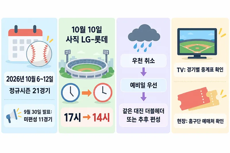 Infographic covering October 6–12 games, an LG–Lotte time change, rainout rescheduling, broadcasts and tickets