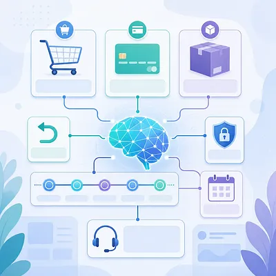 결제·배송·보안 아이콘과 연결된 중앙의 AI 두뇌 일러스트