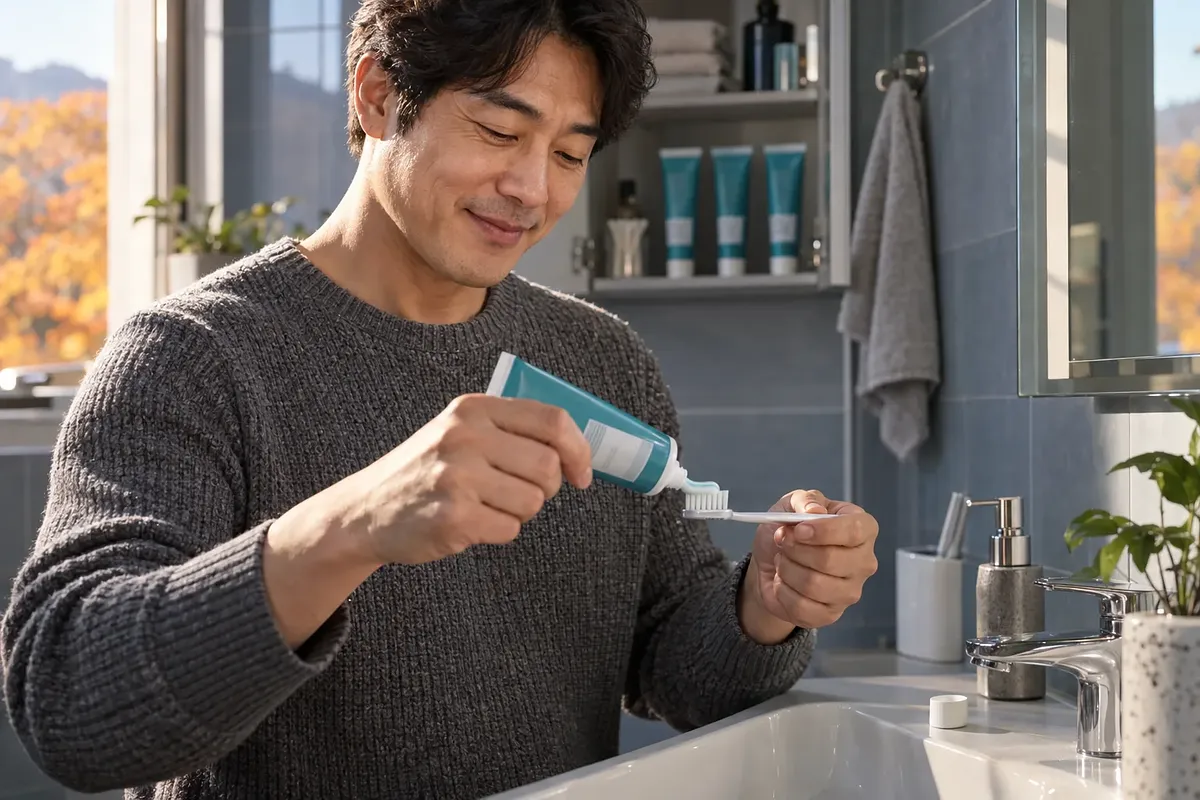 Hombre sonriente poniendo pasta dental en su cepillo junto al lavabo, con tres tubos de repuesto en el armario