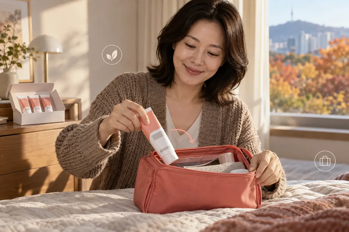 여성이 치약을 여행용 세면도구 가방에 넣고 있고, 옆 상자에는 같은 치약 3개가 남아 있다.