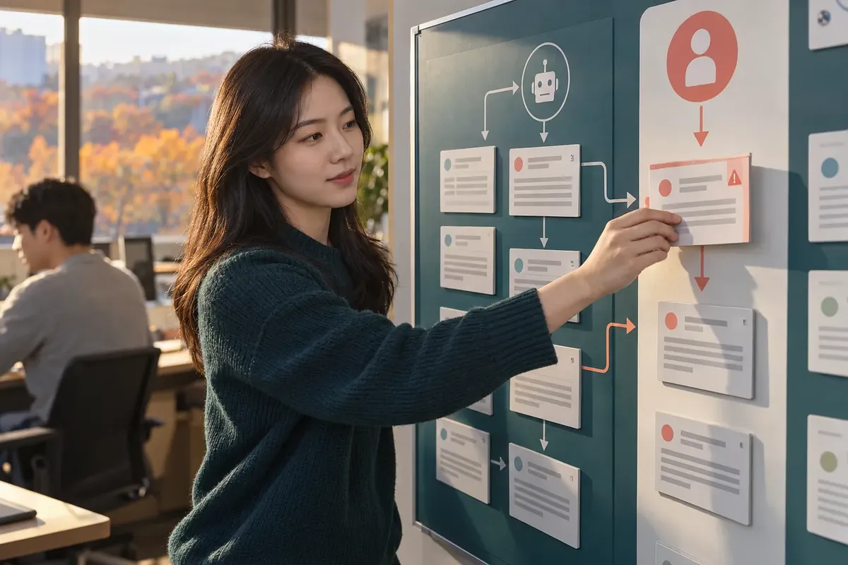 女性が分岐を示すテストボードで問い合わせカードを人による確認の側へ移している。