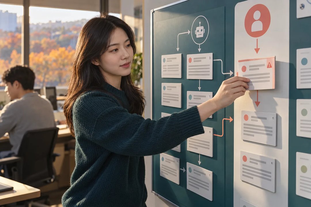 여성이 분기 화살표가 그려진 테스트 보드에서 문의 카드를 사람 검토 쪽으로 옮긴다.