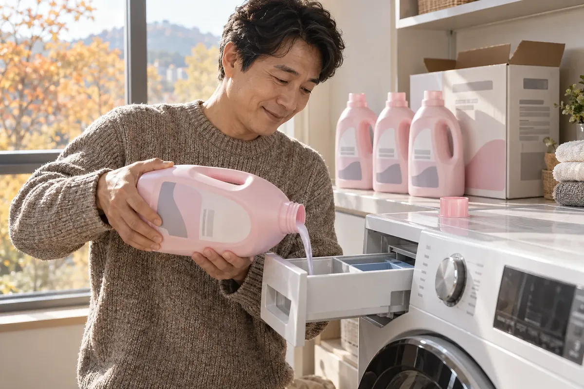 男性がピンク色の容器からドラム式洗濯機の投入口に柔軟剤を注いでいる。