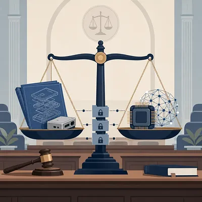 法廷の天秤に設計図とデバイス、AIチップとネットワークが載るイラスト